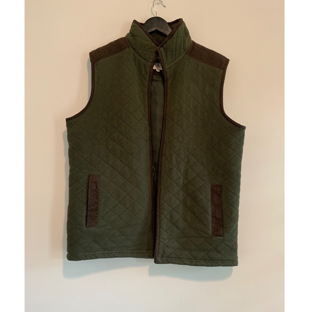 PG Field Heritage Mens Quilted Fleece Vest Olive Green Brown Trim Large Golf